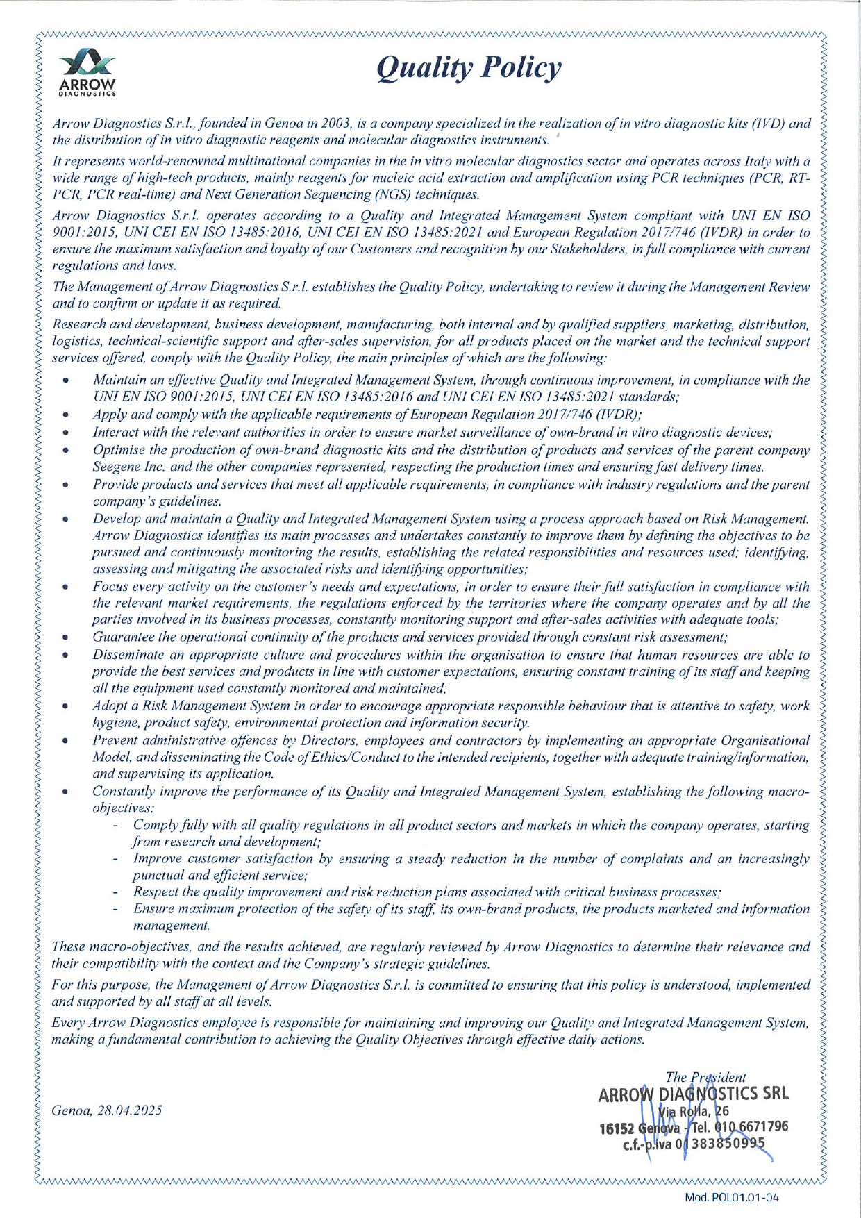 Arrow Diagnostics - ISO9001